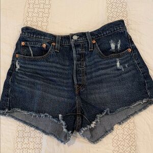 Levi's Dark Blue Distressed High-Rise Denim Shorts